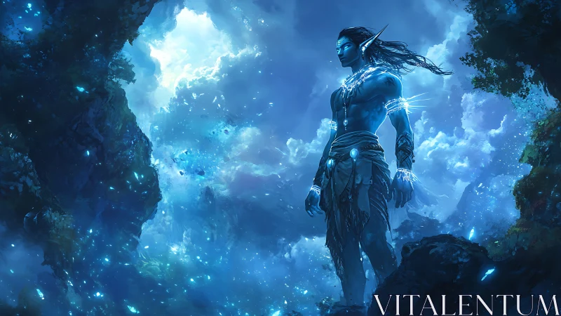 Celestial elf warrior surveys glowing blue storm valley