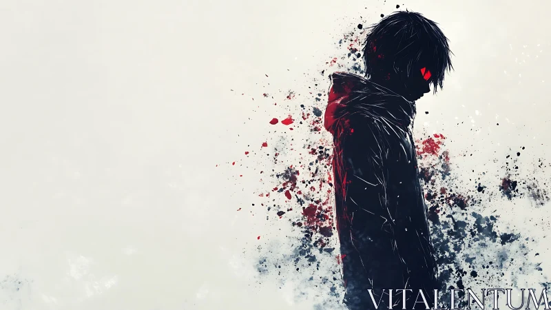 Solitary hooded figure dissolves into splattered red shadows