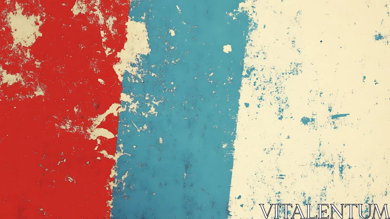 Abstract Tricolor Grunge Texture with Red, Blue, and Cream Paint.