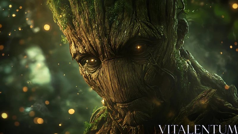 Ancient tree guardian portrait with glowing forest eyes