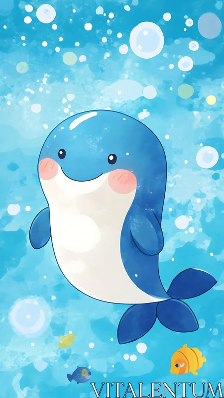 Smiling blue cartoon whale drifts upward through bubbles