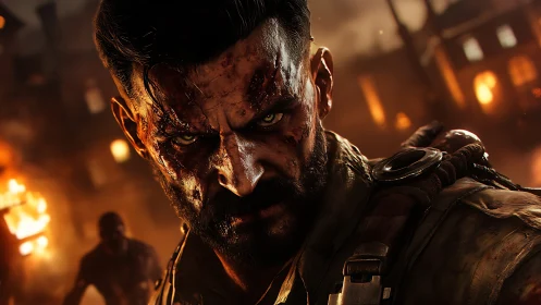 Battle-worn soldier rendered with cinematic 3D lighting and gore detail