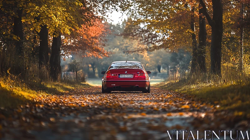 Red sports car on tree-lined autumn country road at dusk.