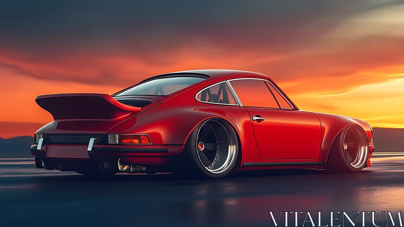 Rendered red sports coupe is parked on reflective surface