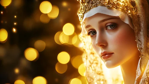Portrait of veiled woman with ornate crown and golden bokeh.