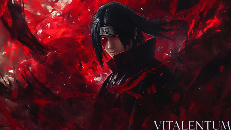 Dark ninja portrait in crimson energy vortex, side-lit gaze