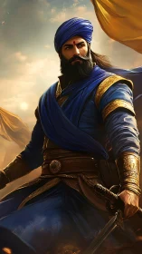 Noble warrior in blue robes beneath a glowing evening sky.