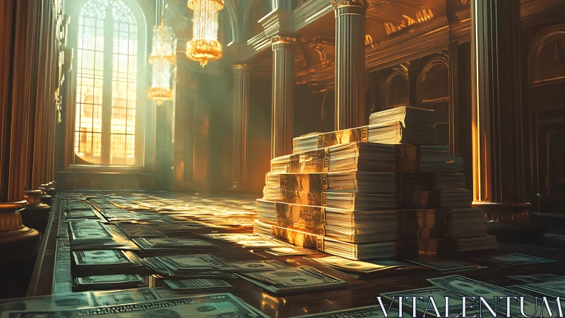 Towering cash stacks glow under grand golden chandeliers.