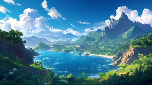 Fantasy Mountain Landscape with Coastal Bay.