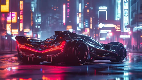 Neon storm hypercar prowling a rain-slick cybercity street.