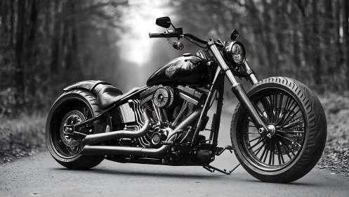 Monochrome custom V-twin cruiser in shallow-depth forest lane.
