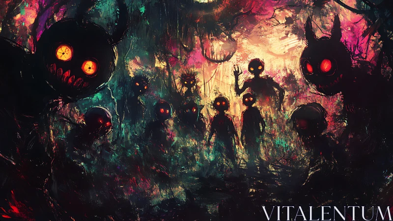 Demonic silhouettes with glowing eyes in chaotic neon forest