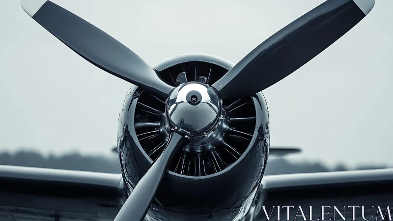 Radial aircraft engine close-up reveals polished spinner and tri-blade prop