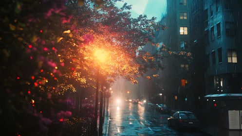 Rainy city street glows under a lone tree’s warm lamplight