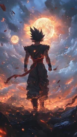 Warrior stands in volcanic landscape beneath burning moons