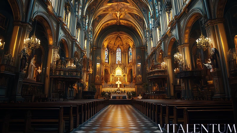 Baroque cathedral interior glows with golden altar light.