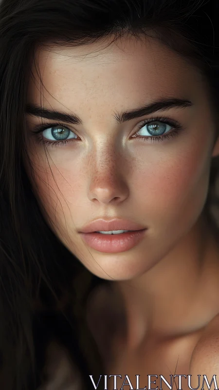 Ultrarealistic close portrait of young woman with teal eyes