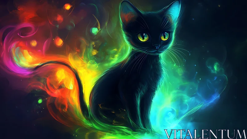 Mystical Black Cat with Glowing Rainbow Aura