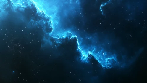 Deep blue nebula glows gently among countless quiet stars