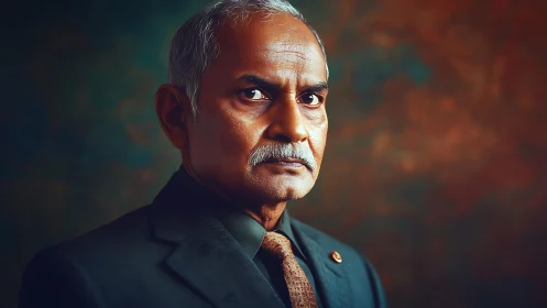 Stoic elder in formal suit under cinematic portrait lighting.