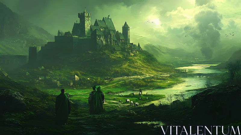 Medieval hilltop fortress overlooking river valley landscape.