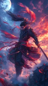 Moonlit swordsman descending through stormfire skies.
