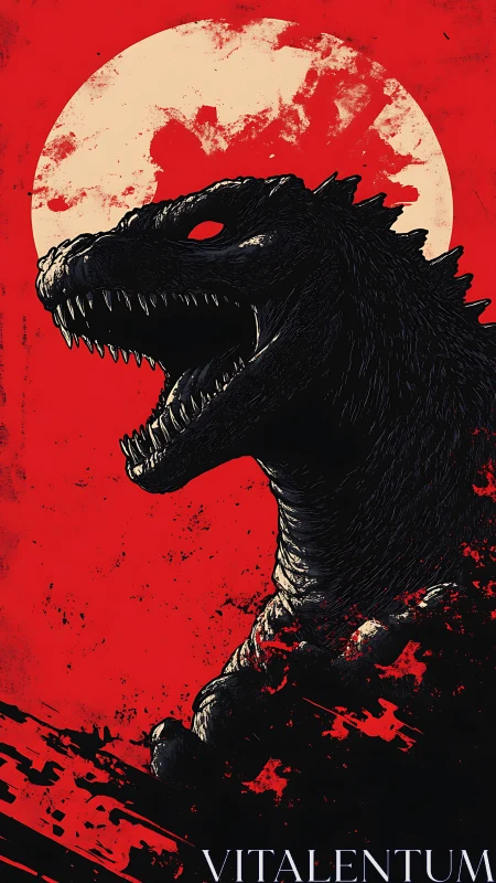 Monochrome kaiju silhouette roars against stylized crimson moon