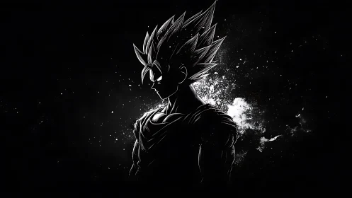 Monochrome anime warrior silhouette with splatter chiaroscuro.