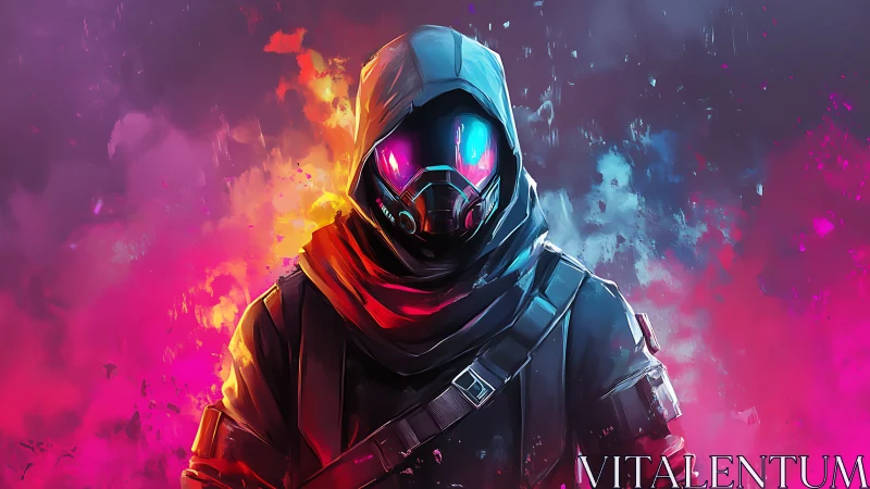 Neon cloaked wanderer stands calm in glowing cyberpunk haze