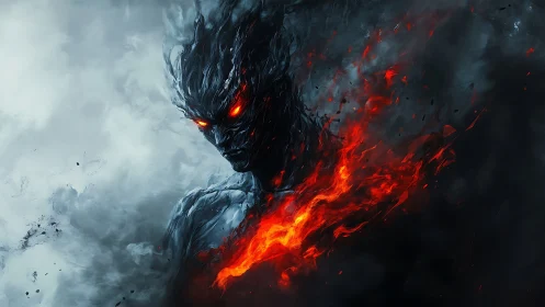 Infernal ember titan rising from storm-wreathed shadows.