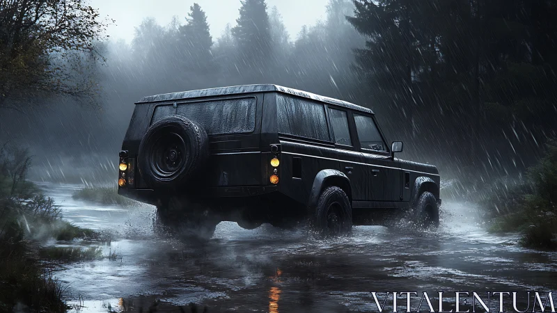 Off-road utility vehicle traverses flooded forest trail in heavy rain