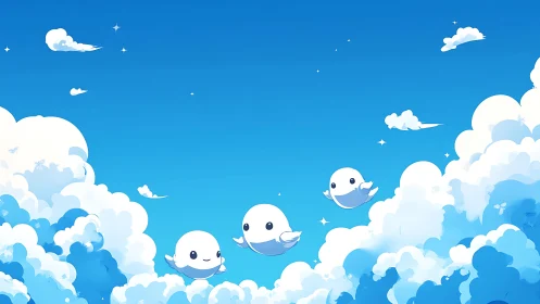 Cartoon cloudscape with three rounded bird-like figures.