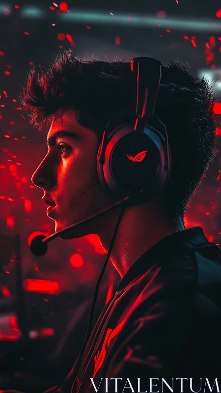 Esports gamer profile in red cinematic rim lighting.