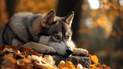 Low-angle autumn portrait captures resting husky in shallow depth