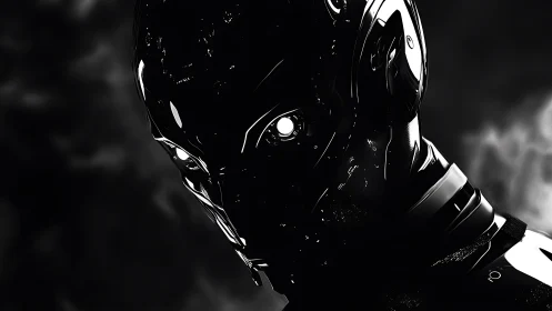 High-contrast cybernetic helm in monochrome luminance study.