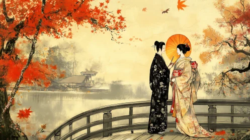 Traditional Japanese Garden Scene with Autumn Foliage and Figures