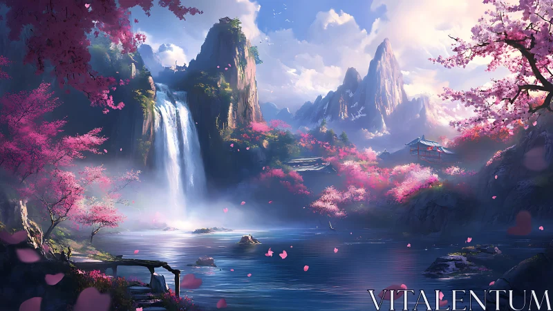 Blossom kissed waterfall valley welcomes calm wandering hearts