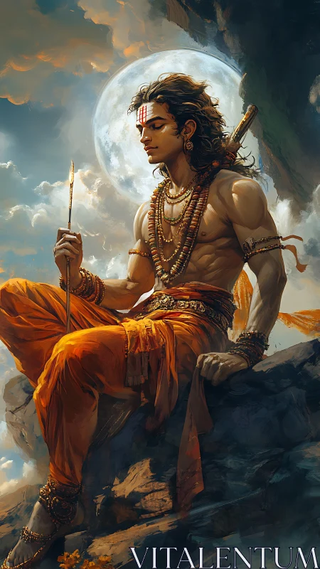 Warrior sage seated under luminous full moon on cliff.