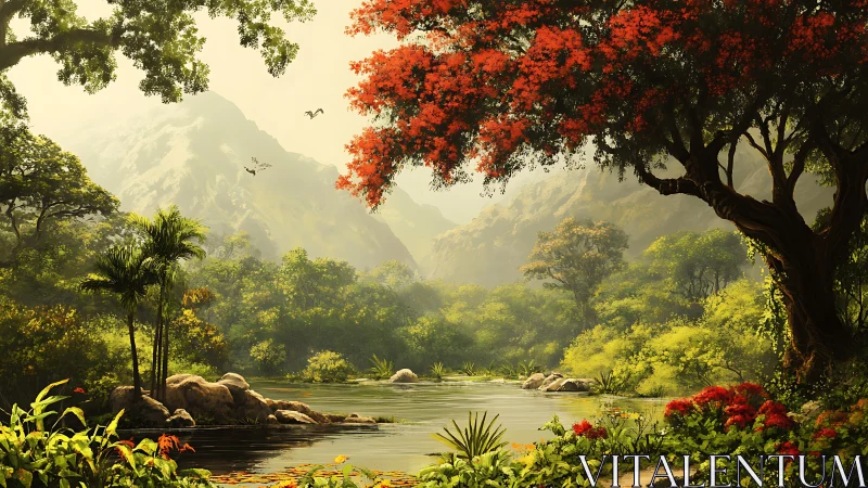 Radiant riverine rainforest under diffuse mountain backlight.