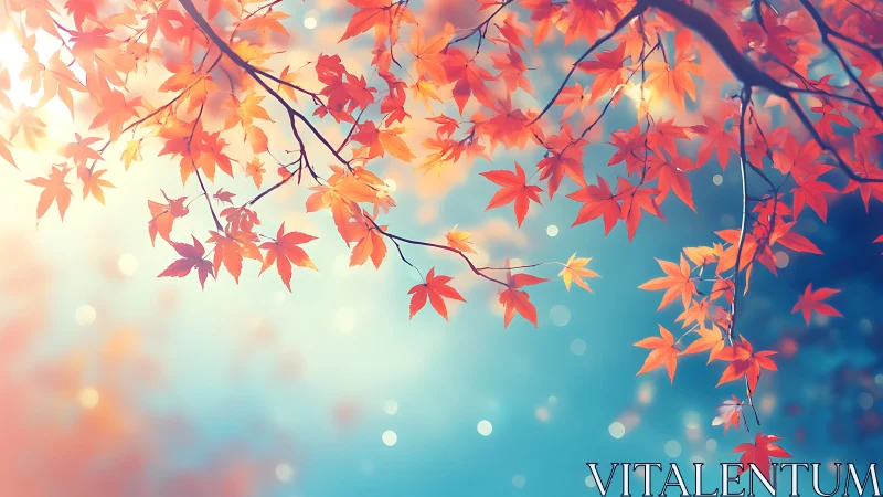 Scarlet maple leaves drift like quiet sparks through skylight