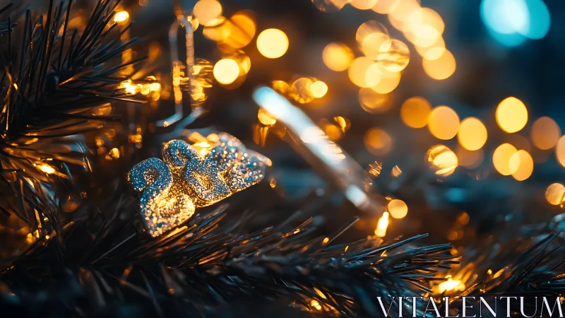 Macro bokeh study of glitter 2021 ornament on fir branch.