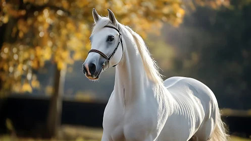 Autumn-lit ivory horse pausing beneath a golden hush.