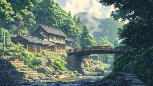 Riverbridge homestead dreaming beneath emerald mountain light.