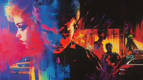 Neon noir collage of faces, cars and urban night scene.