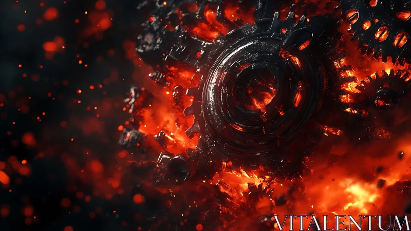 Molten mechanical gears engulfed in fire and sparks.