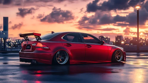 Lowered red Lexus sedan under vivid urban sunset sky.