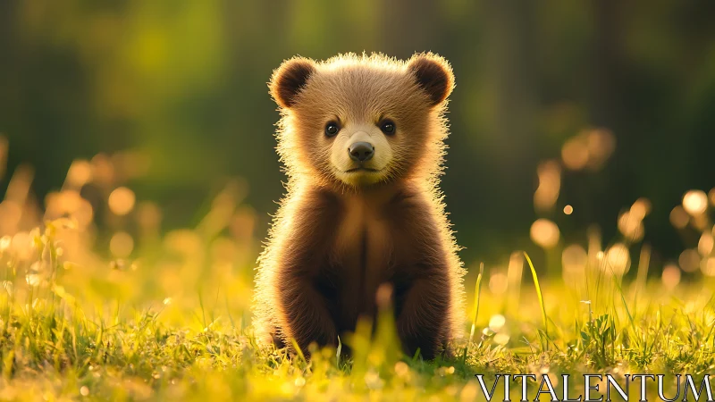 Sunlit forest meadow with a curious baby bear resting.