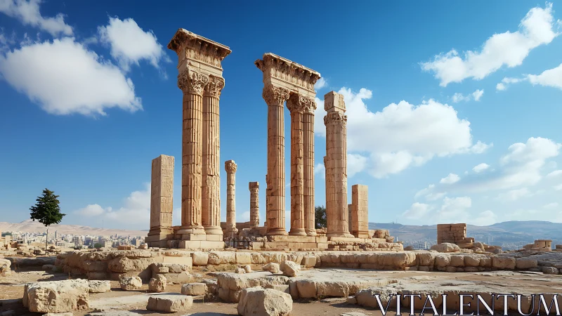 Ancient stone columns rise over sunlit desert cityscape.