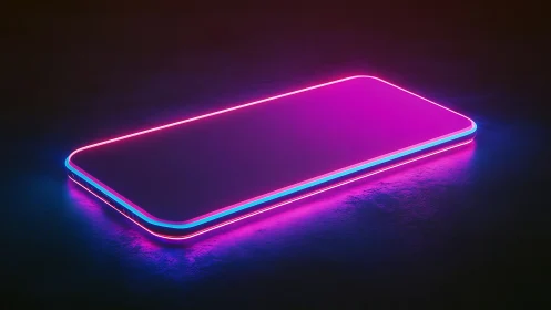 Neon edged smartphone outline glows on a dark surface