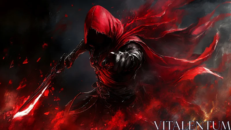 Hooded red assassin lunges through swirling crimson fire.